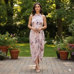 Suzy Shier Women's Romantic Feminine Pink Floral Halter Rose Dress Size M